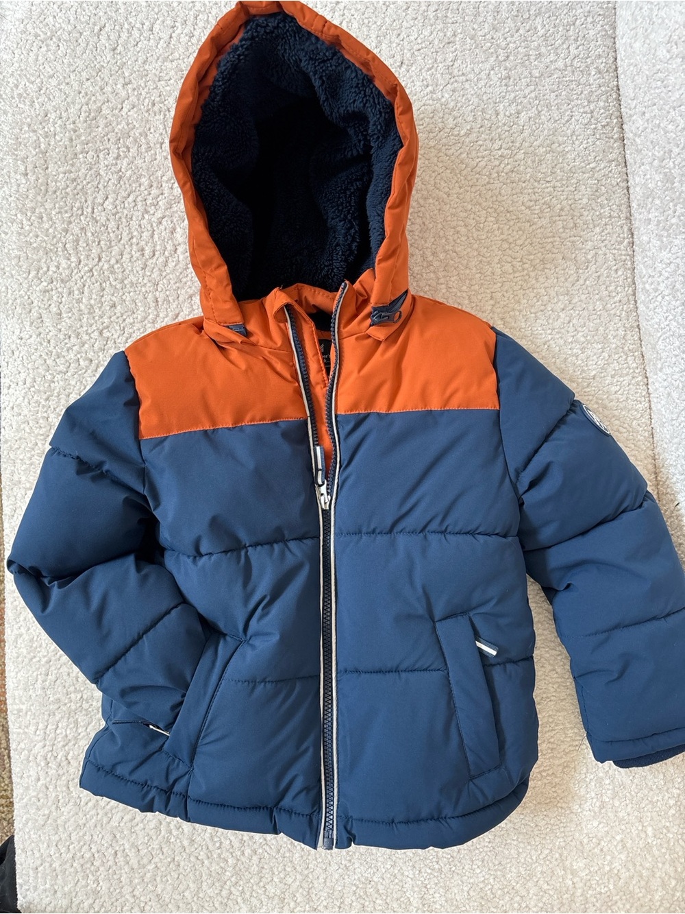 Kids Two-Tone Hooded Puffer Jacket - Navy & Orange